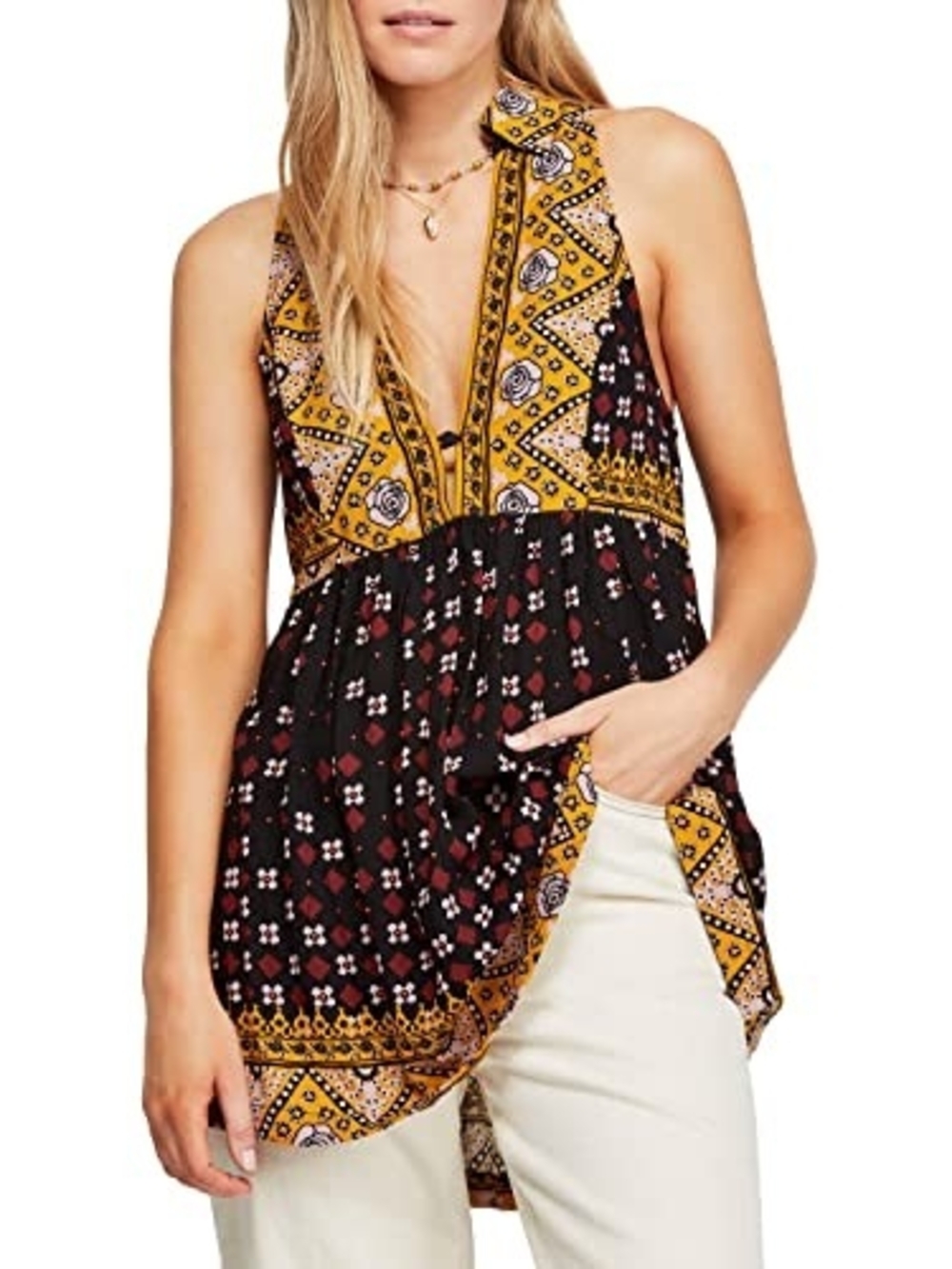 Free People Charlotte Tunic Black & Mustard Boho V-Neck Halter Camisole Size L